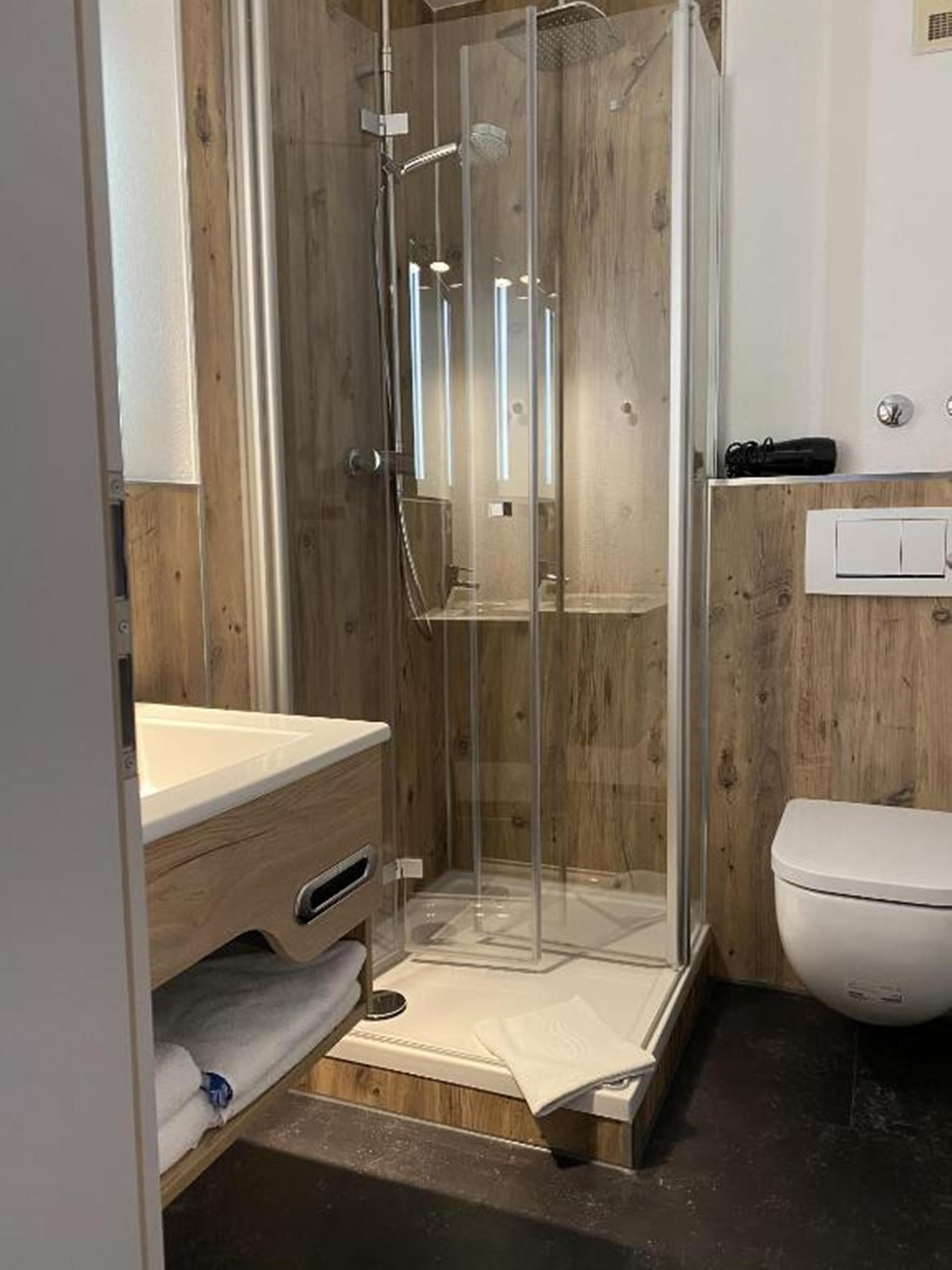 shower, free toiletries, hair dryer, towels