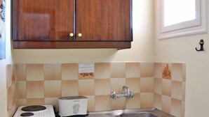 Una cucina compatta con mobili in legno, un lavello, un tostapane e un piccolo frigorifero.