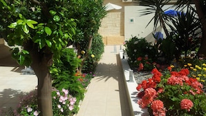 Un sendero en un jardín con diversas plantas y flores.