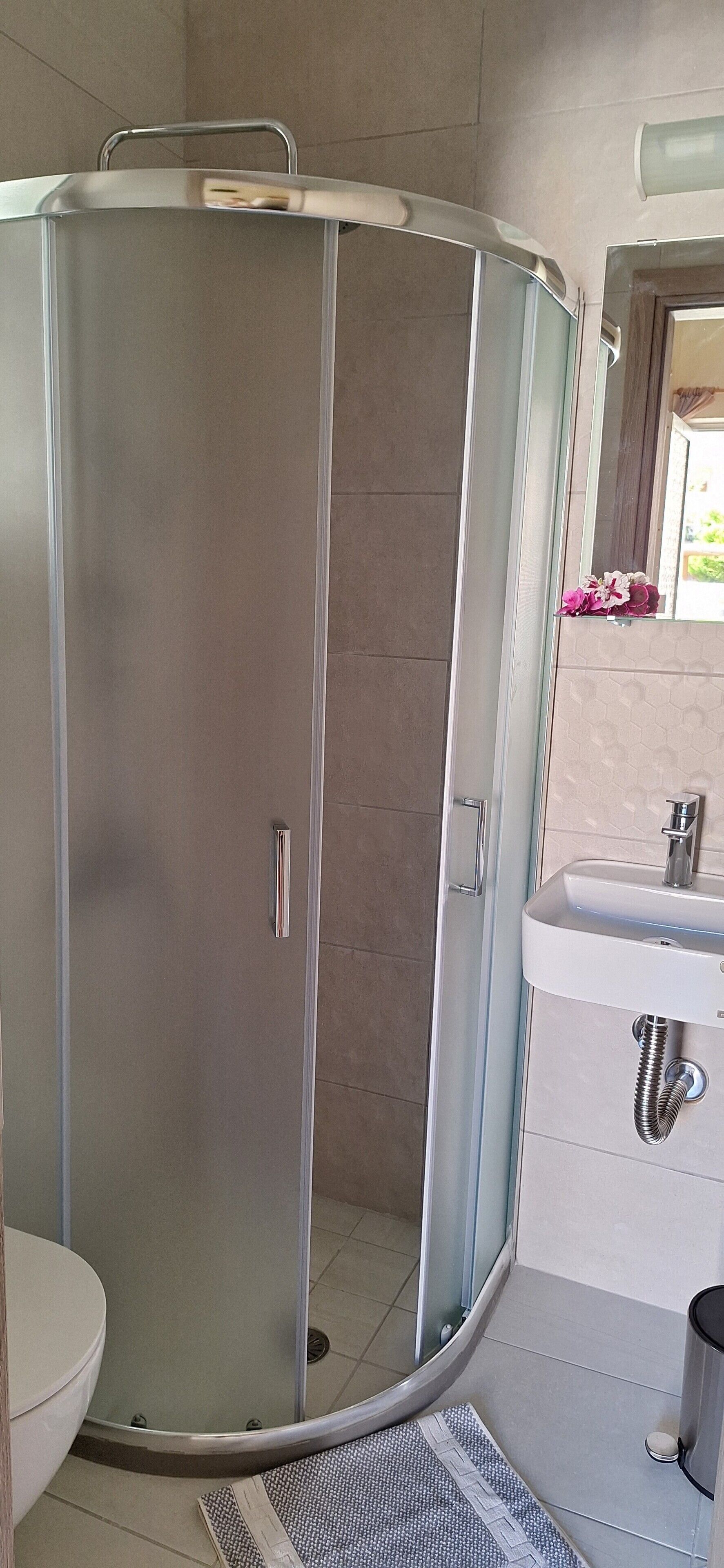 A shower enclosure with a glass door, a toilet, and a sink with a mirror above it.
