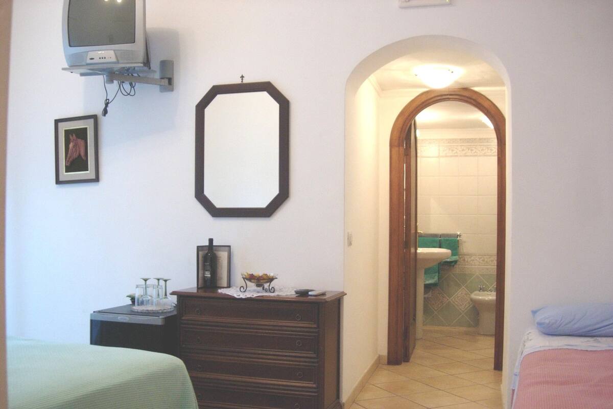 Une chambre à coucher comprenant un lit, une commode, un téléviseur, un miroir et une porte en arc donnant sur une salle de bain.