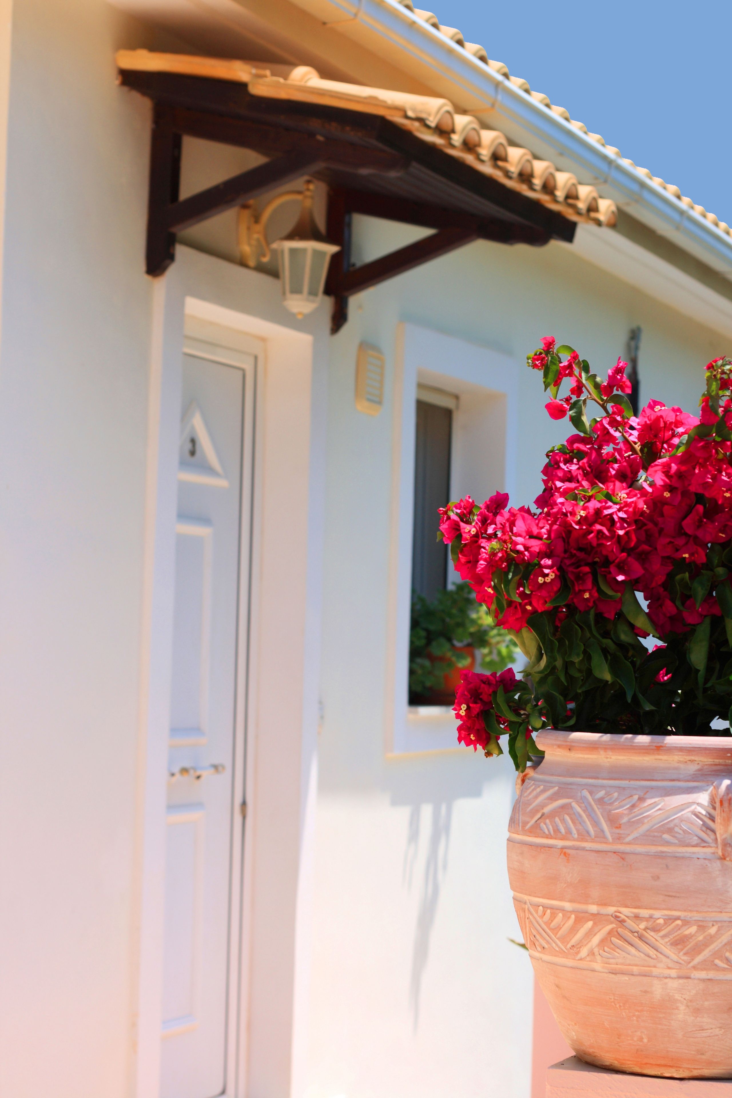 Un bâtiment blanc avec une porte et une fenêtre, un grand pot en terre cuite orné de fleurs rouges et un toit recouvert de tuiles.