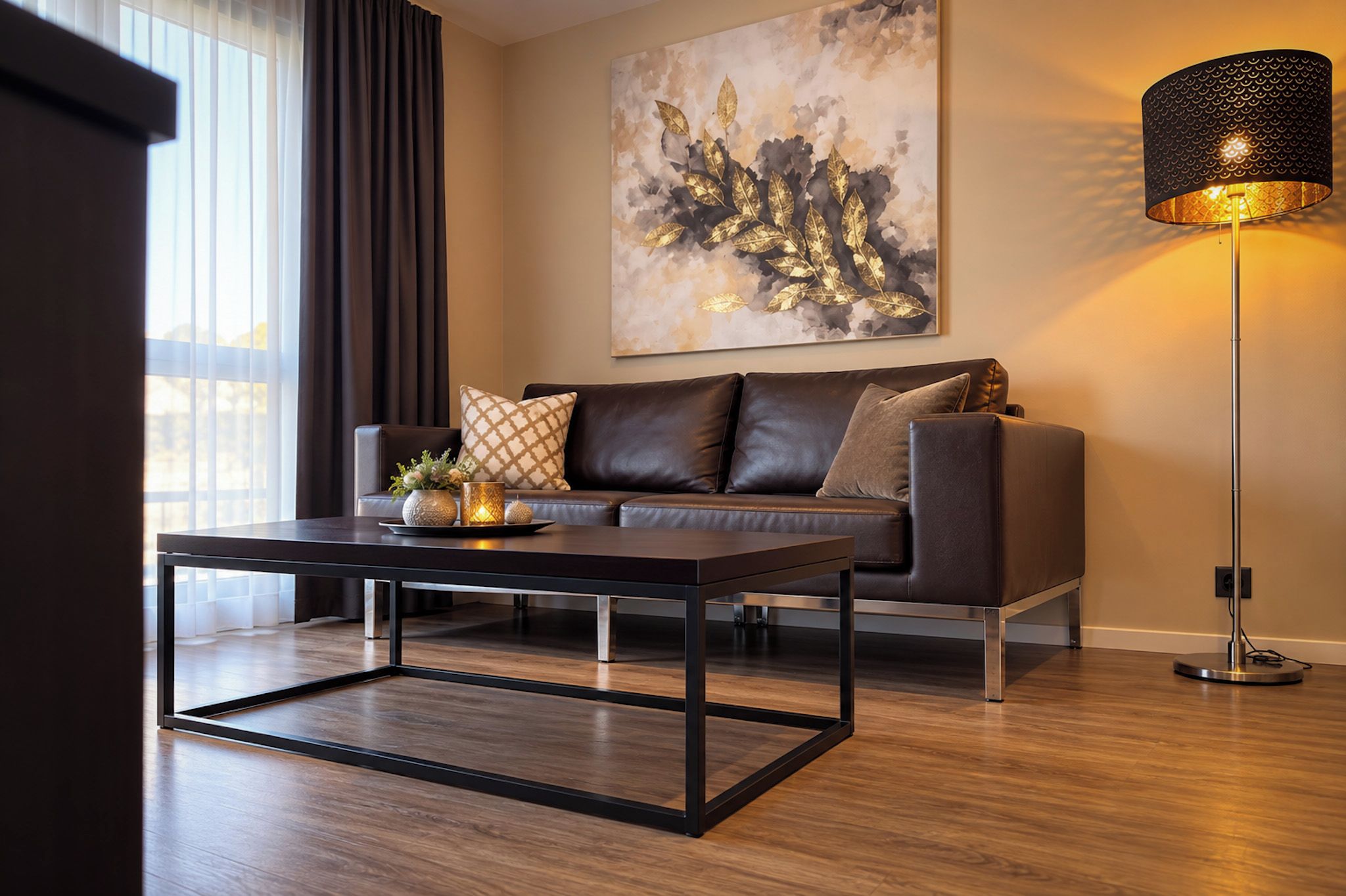 Un salon moderne avec un canapé en cuir, une table basse et un lampadaire.