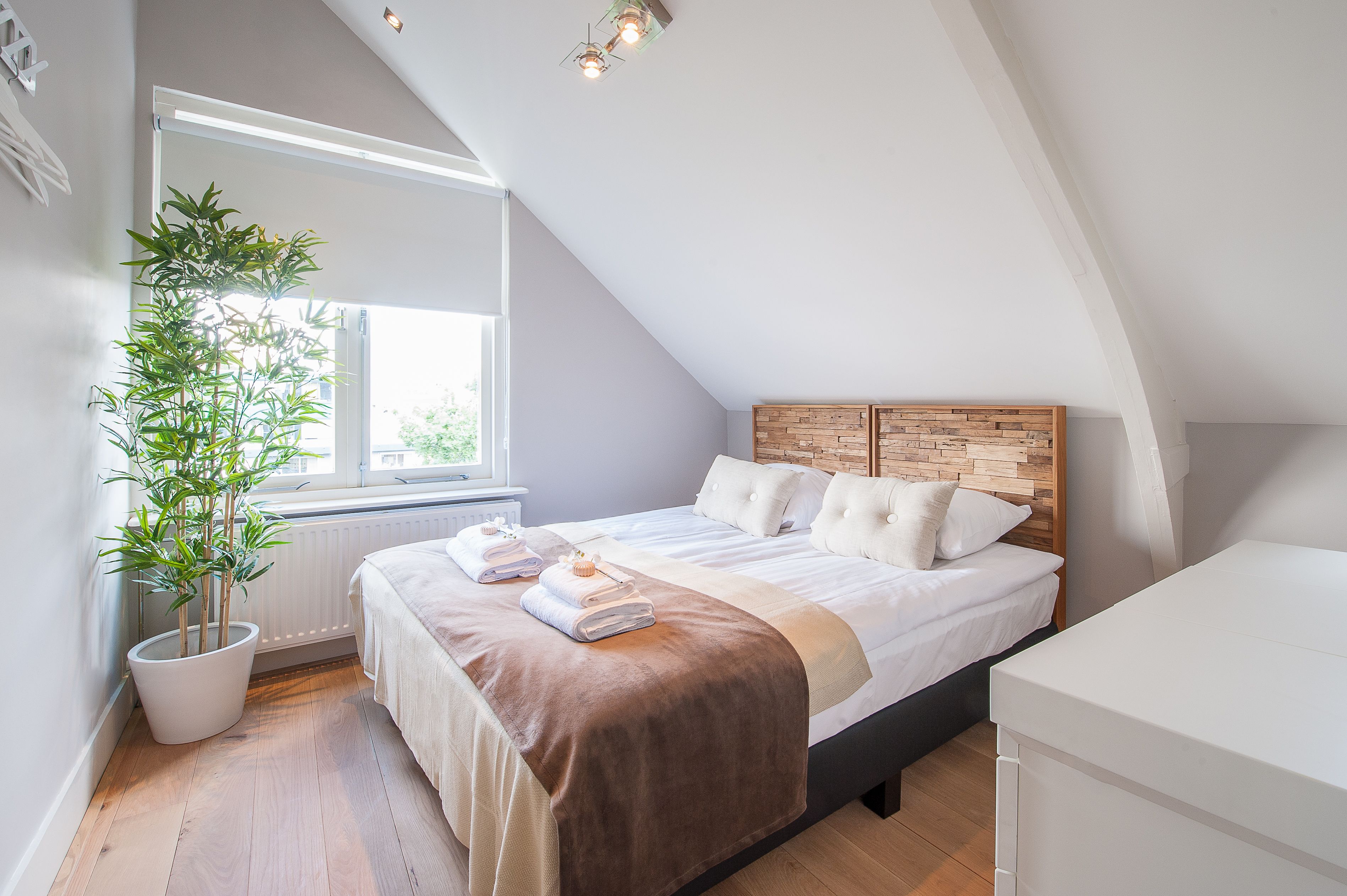 A modern bedroom with a sloped ceiling, a large window, a potted plant, a neatly made bed with towels, and a wooden headboard.