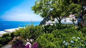 Une vue sur la côte, avec un bâtiment blanc, une végétation luxuriante et un ciel bleu dégagé.