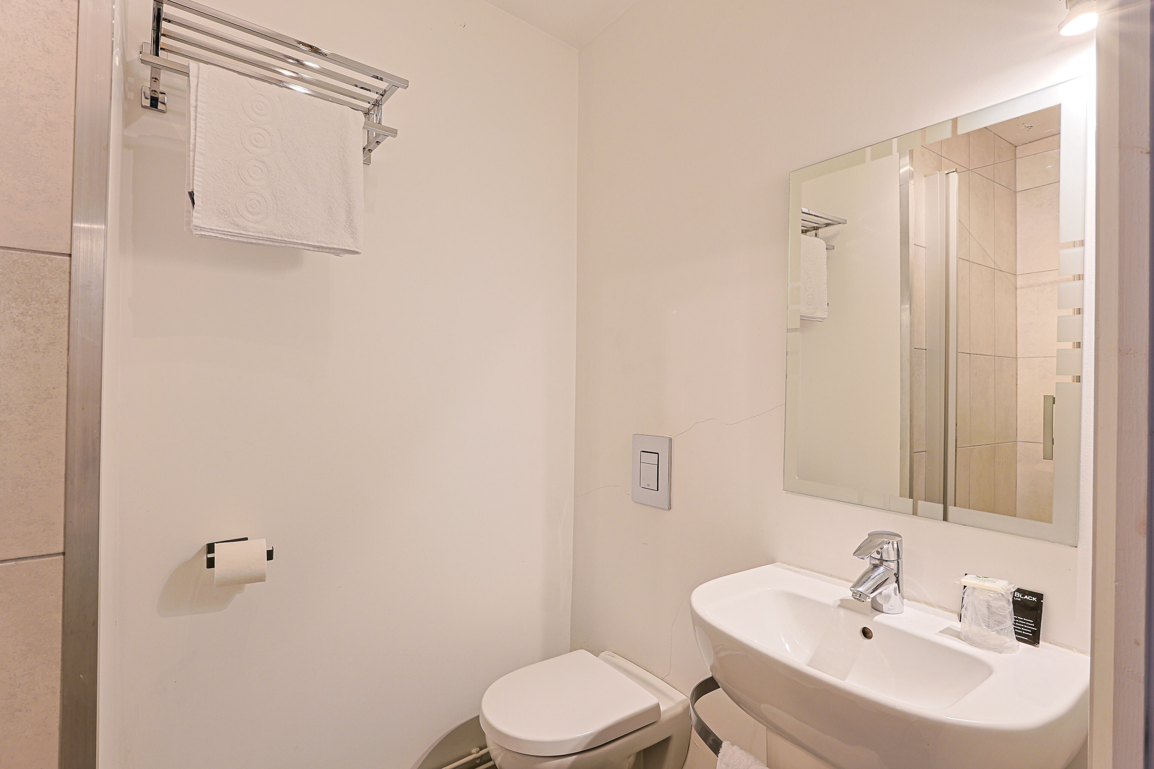 Une salle de bain comprenant des toilettes, un lavabo, un miroir, un porte-serviettes et un espace douche.
