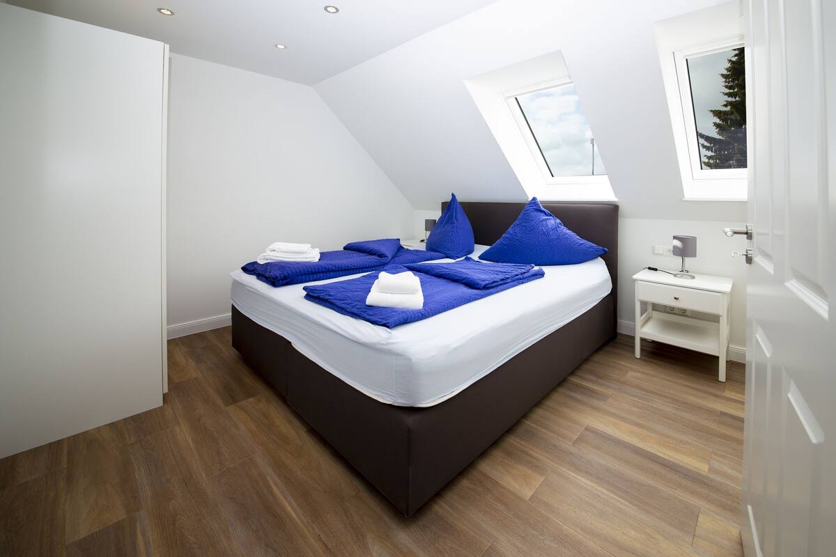 Un dormitorio moderno con una cama marrón oscuro, paredes blancas y un tragaluz.