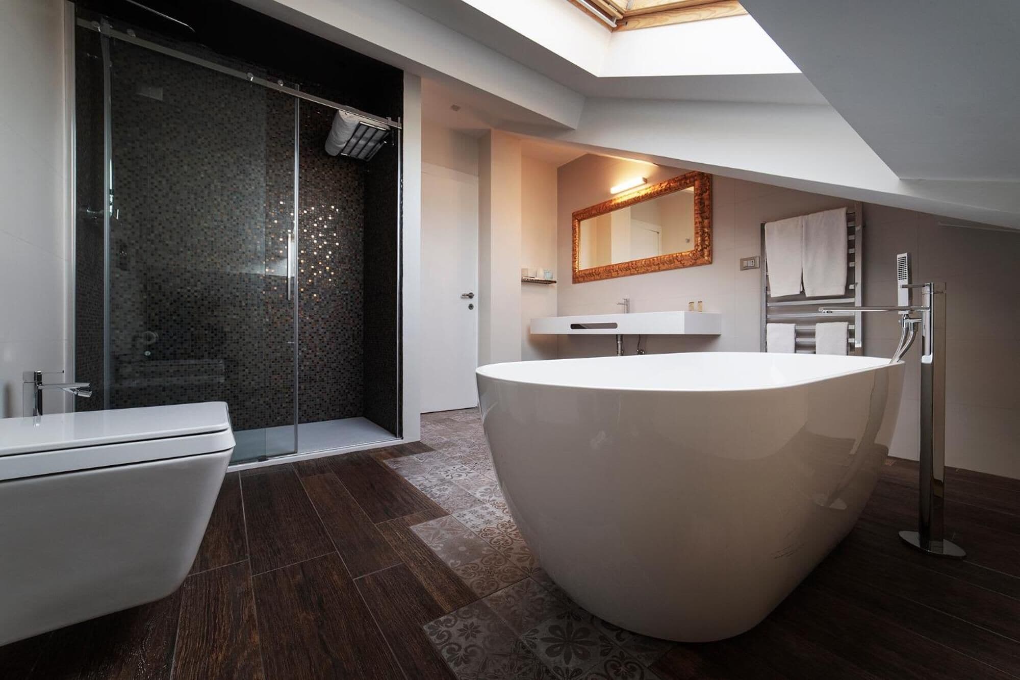 rainfall showerhead, designer toiletries, hair dryer, bidet