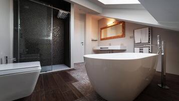 Une salle de bain moderne dotée d’une grande baignoire sur pieds, d’une douche à parois de verre et d’un puits de lumière au-dessus du meuble-lavabo.