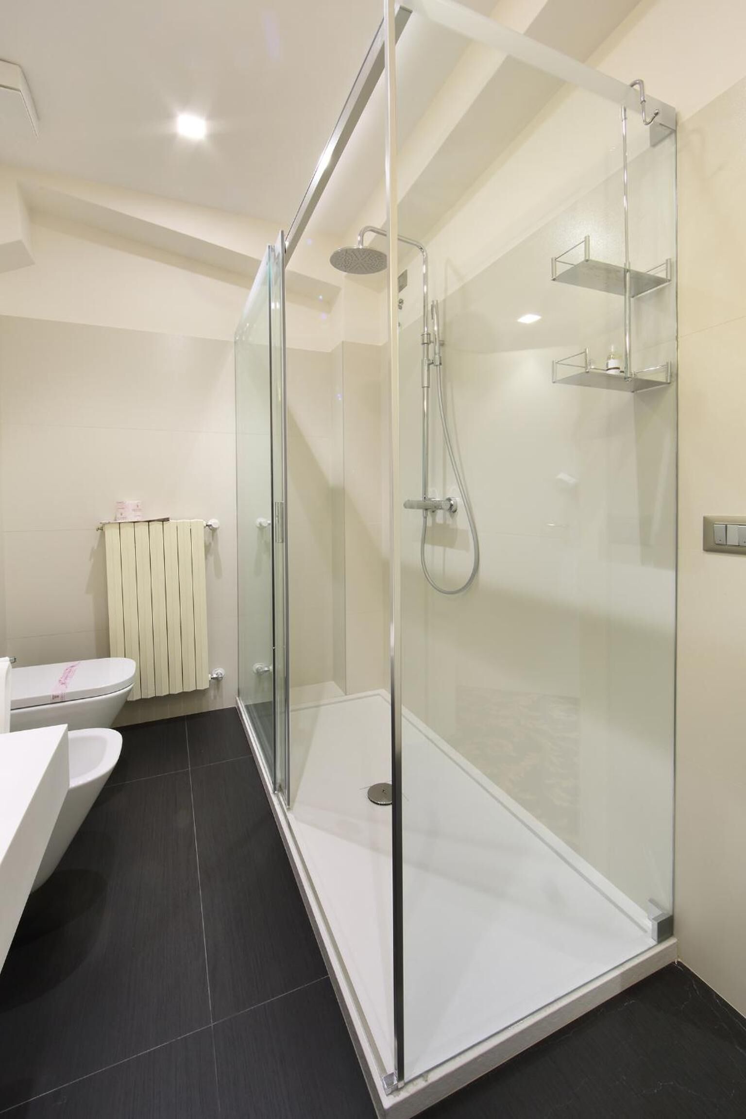 A modern bathroom with a glass-enclosed shower, a white sink, and a toilet.