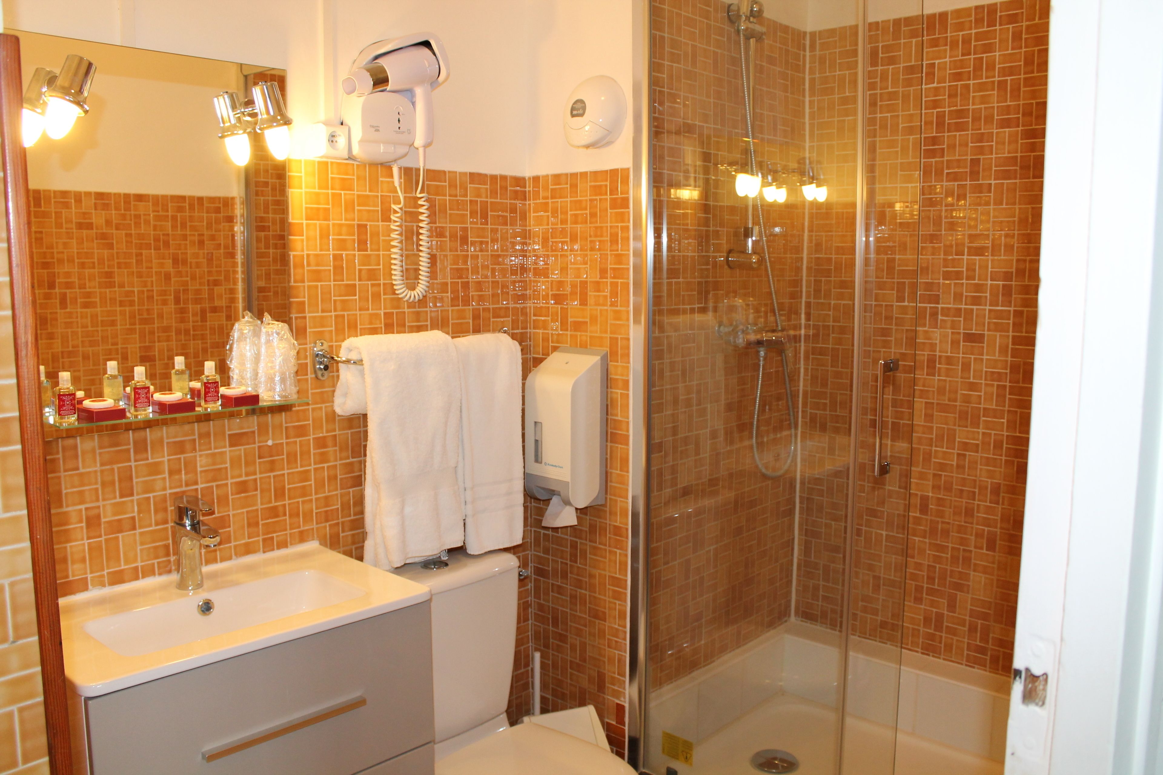 Une salle de bain équipée d’un lavabo, d’un miroir, d’un porte-serviettes et d’une douche séparée par des parois en verre.