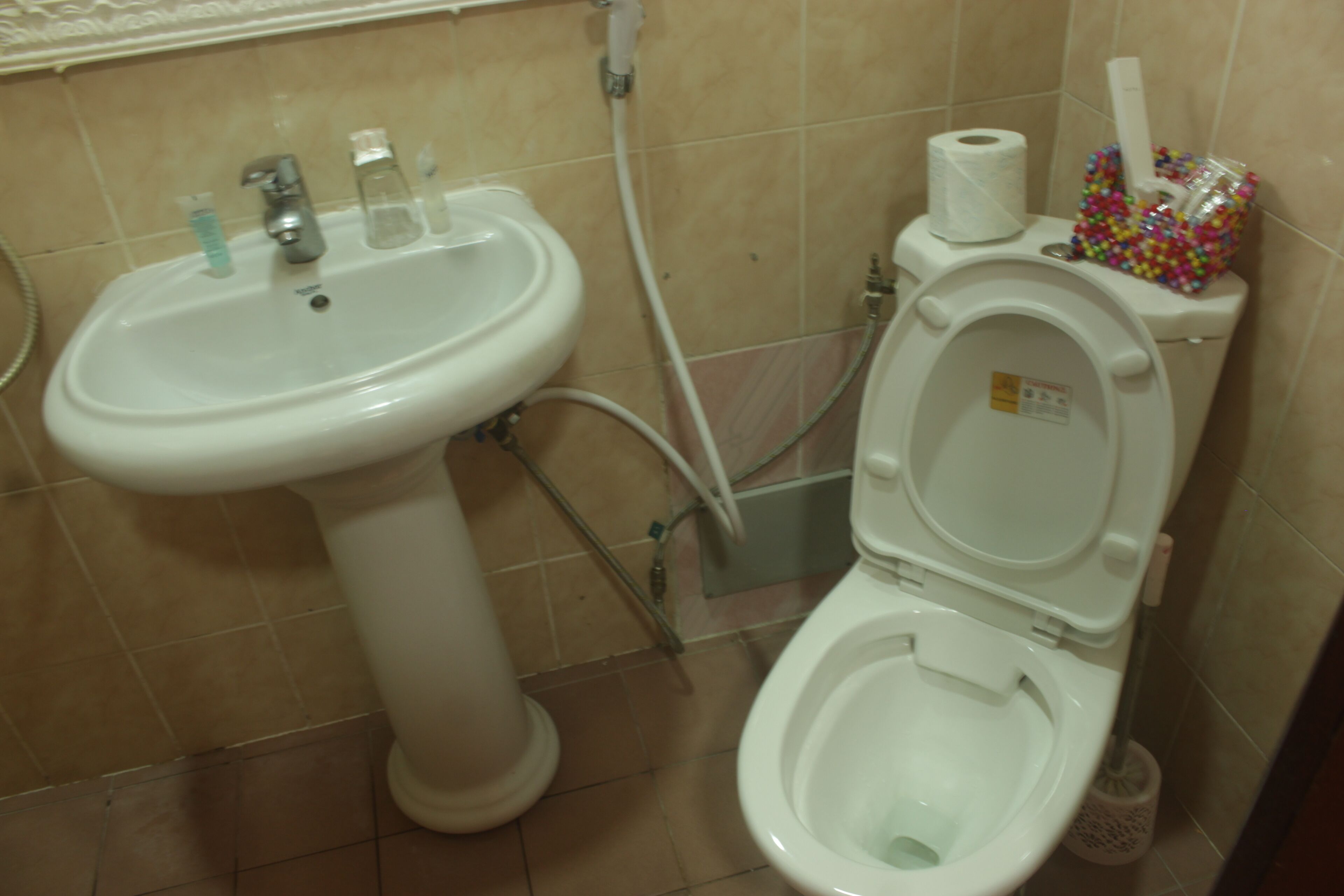 A bathroom with a white sink, toilet, and a small trash bin.