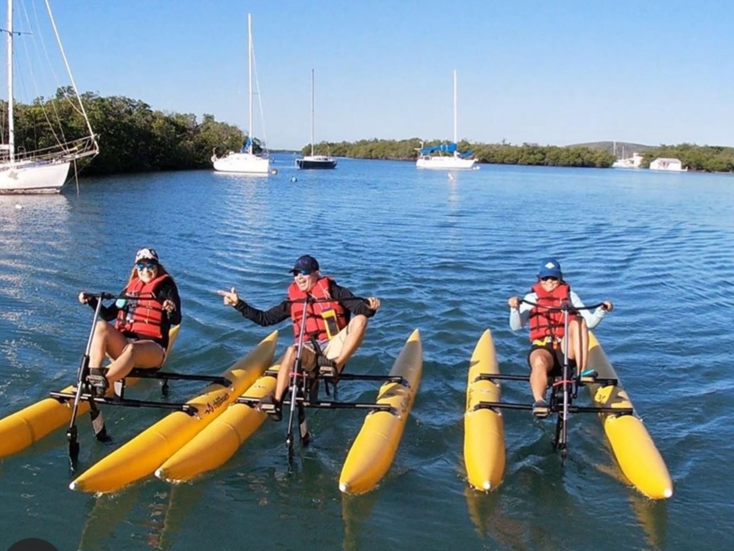 Three people in yellow canoes on a calm water body, wearing life jackets and pointing towards the shore.