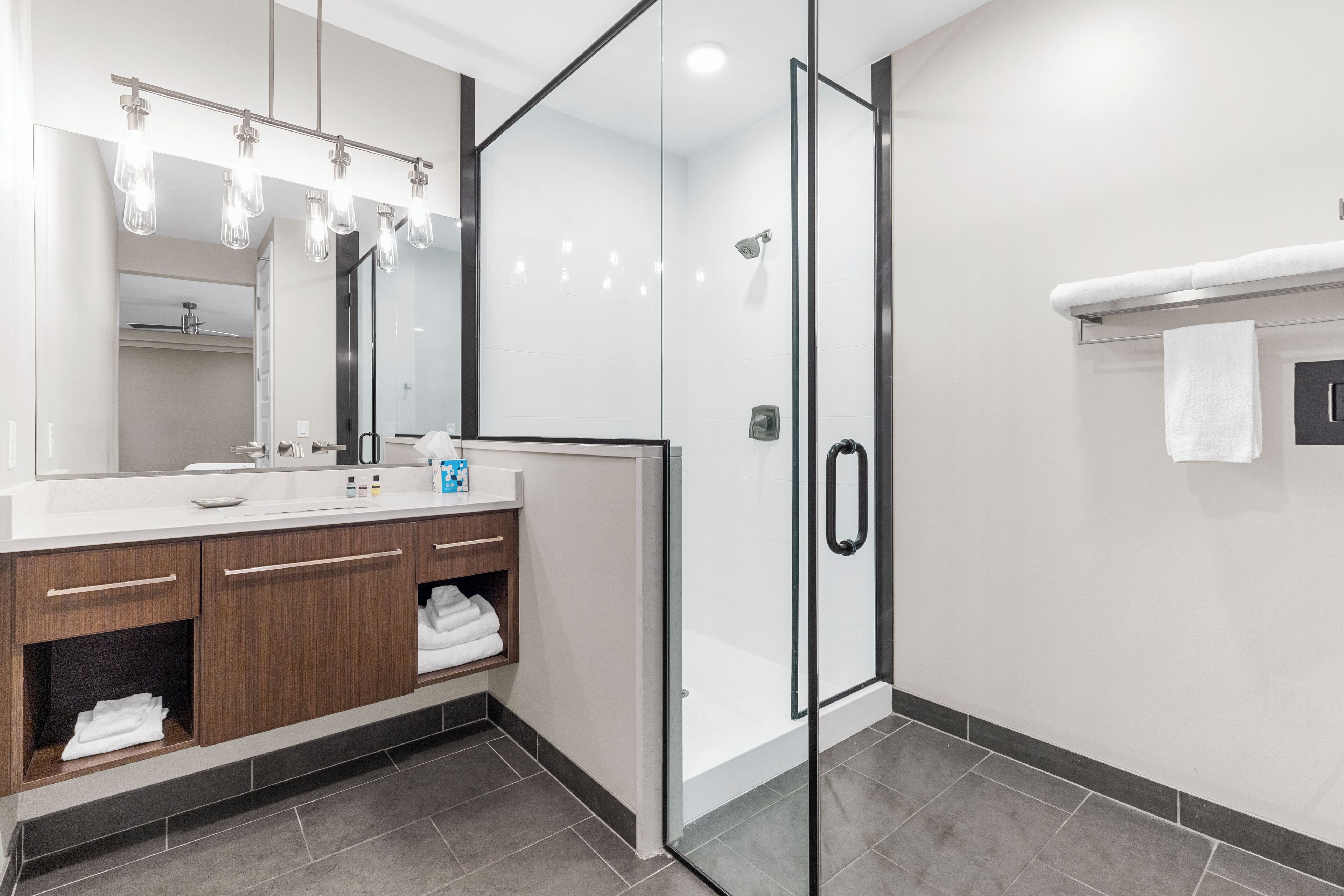 A modern bathroom with a glass shower enclosure, a large mirror, and a vanity with wooden cabinets.