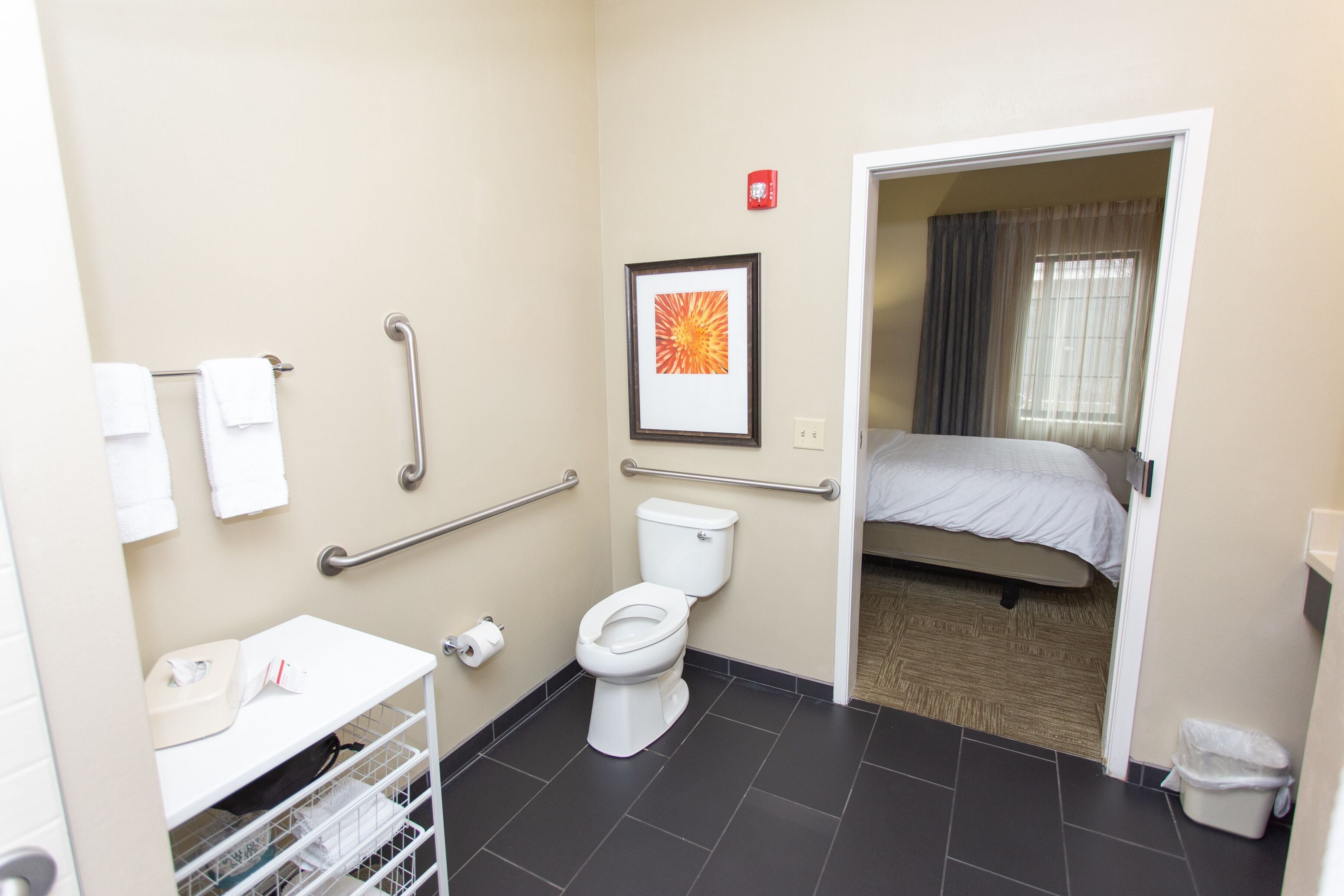 A bathroom with a toilet, handrails, a sink, and a shower area.