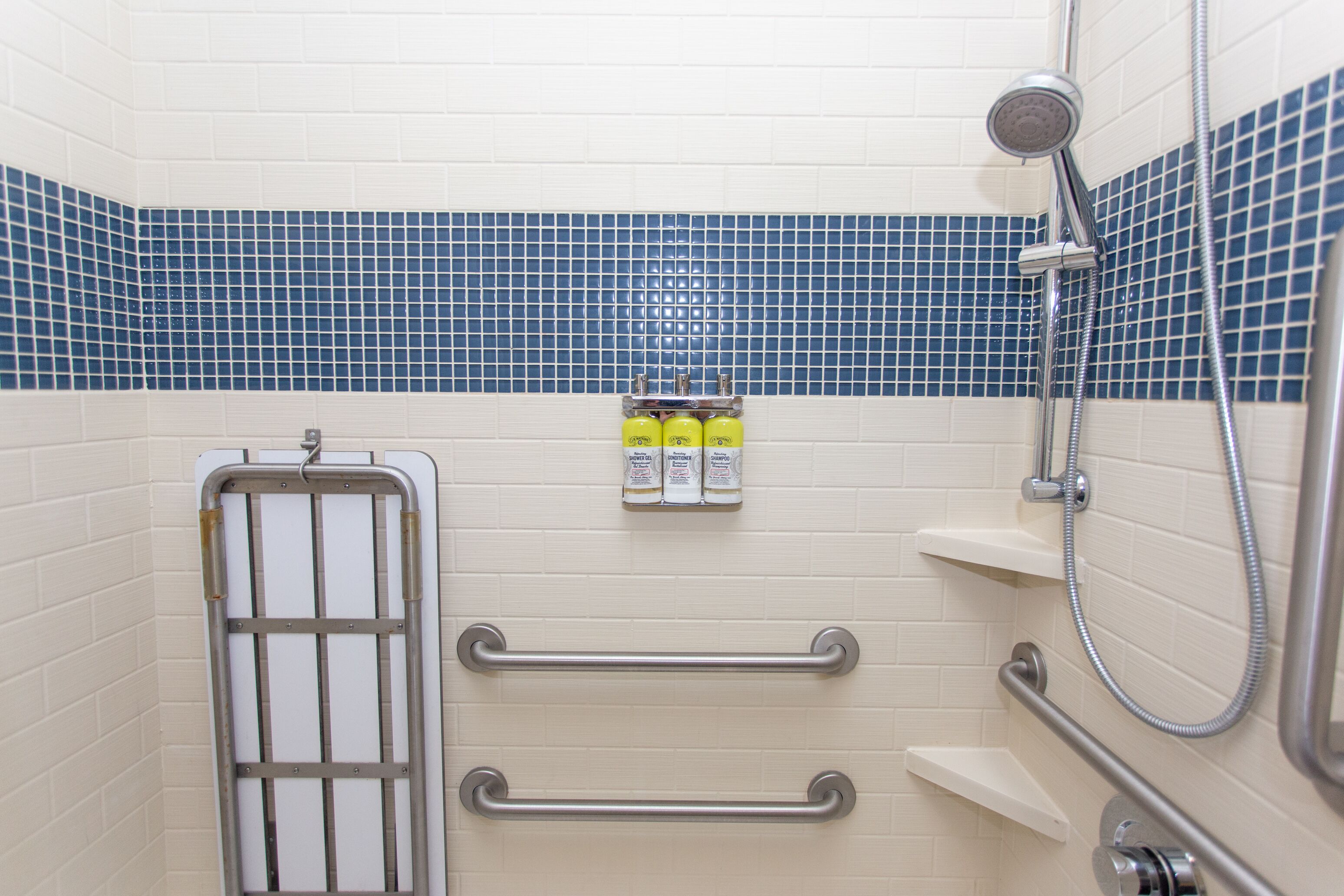 A bathroom with a shower, grab bars, and a soap dispenser.