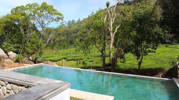 Alberca techada, alberca al aire libre y camastros