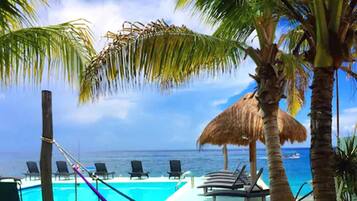 A pool area with lounge chairs, a thatched umbrella, and palm trees.