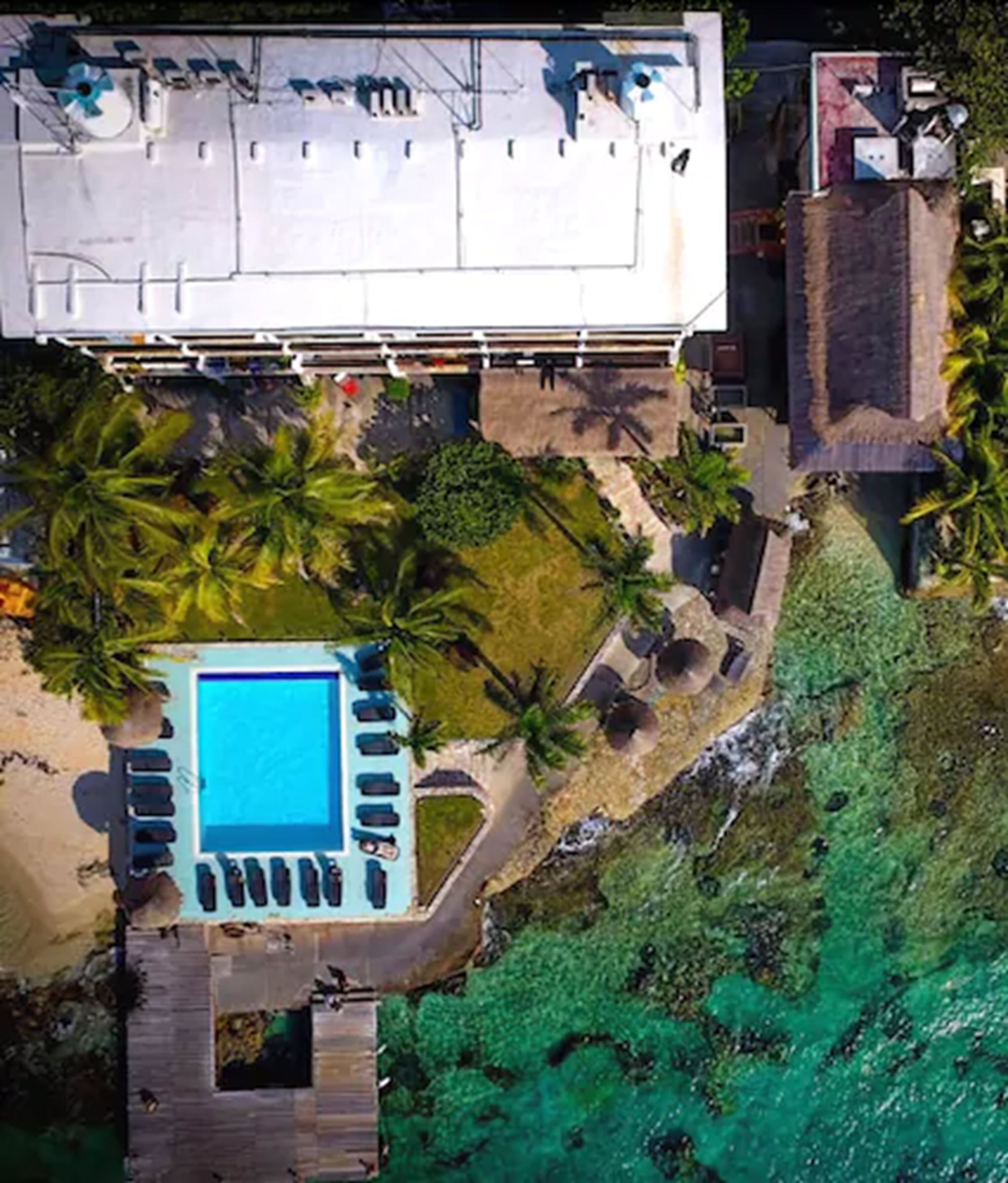 An aerial view of a resort with a swimming pool surrounded by palm trees, a beach, and a cliff overlooking the ocean.
