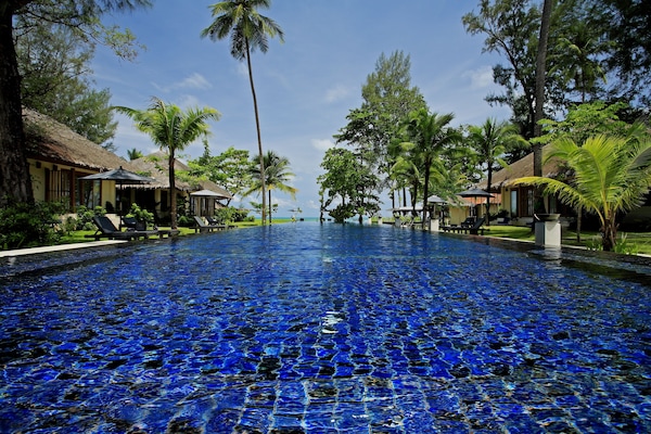 Outdoor pool, pool umbrellas, pool loungers