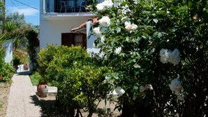 A two-story building with a balcony, surrounded by lush greenery and white flowering plants. - Camelia Studios (Skiathos)