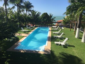 Outdoor pool, pool umbrellas, pool loungers