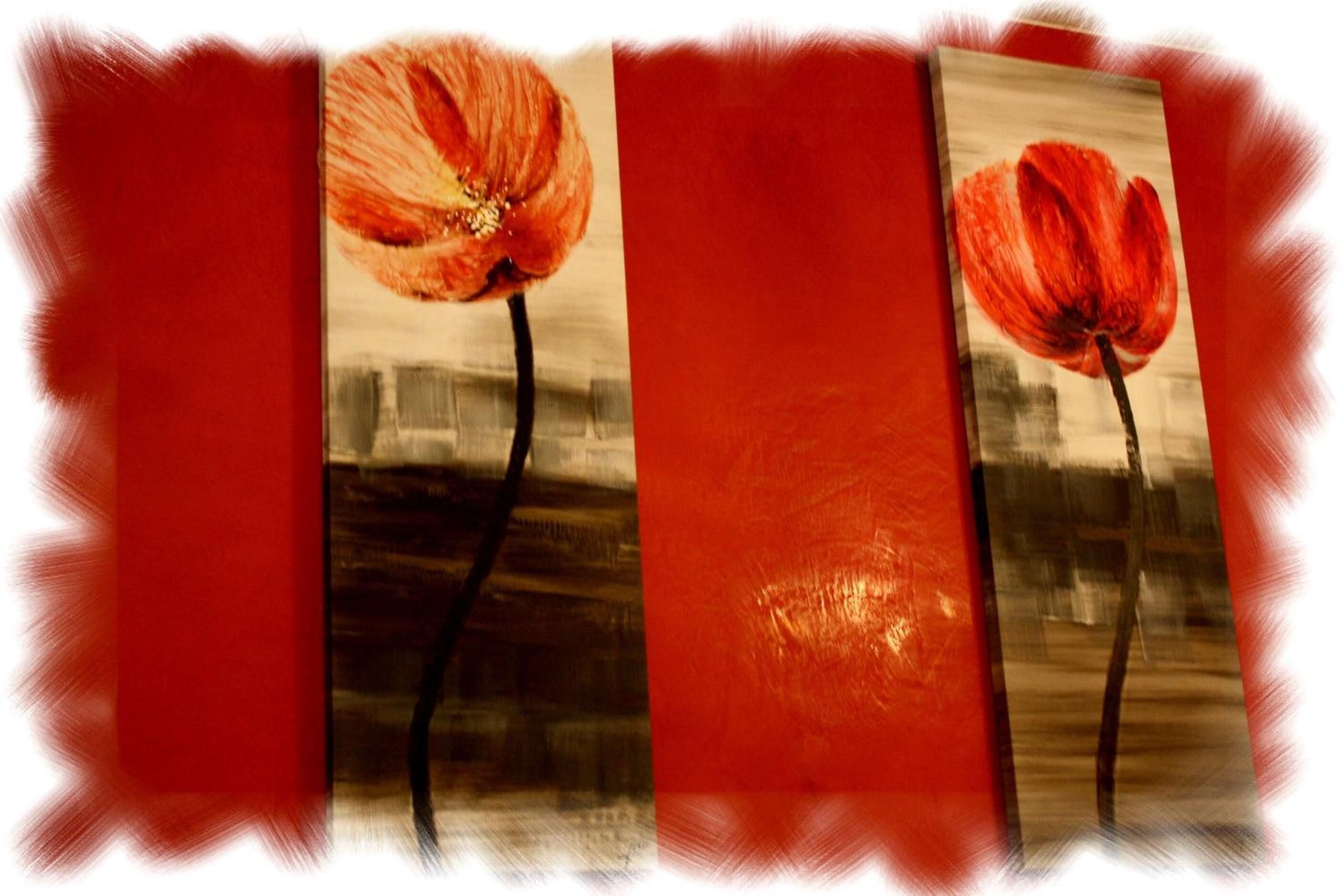 A painting of a red flower with a black stem.