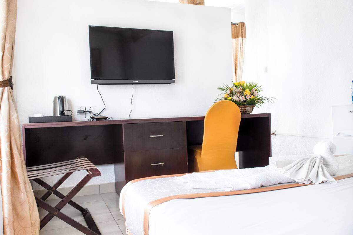Una habitación de hotel con cama, escritorio con televisor, silla y una mesita con una planta.
