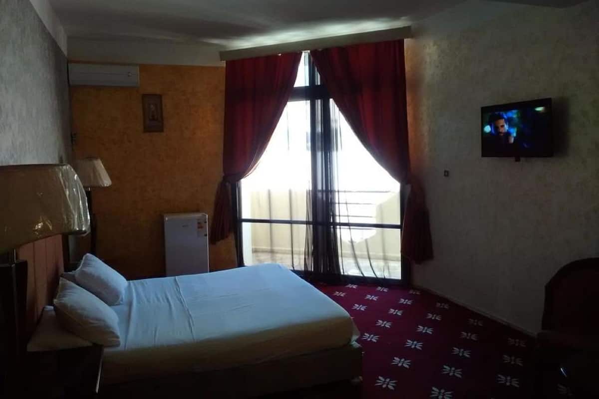 Una habitación de hotel con cama, televisor, ventana con cortinas y alfombra estampada.