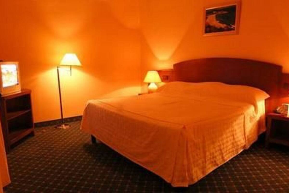 A hotel room with a large bed, two bedside lamps, a framed picture on the wall, and a carpeted floor.