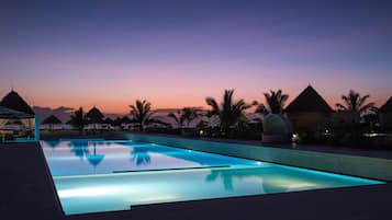Outdoor pool, pool umbrellas, pool loungers