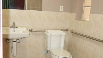 Phòng đơn, 1 giường đơn, phù hợp cho người khuyết tật | Phòng tắm | Buồng tắm vòi sen, máy sấy tóc, khăn tắm