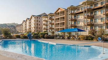 Indoor pool, seasonal outdoor pool, pool umbrellas, pool loungers