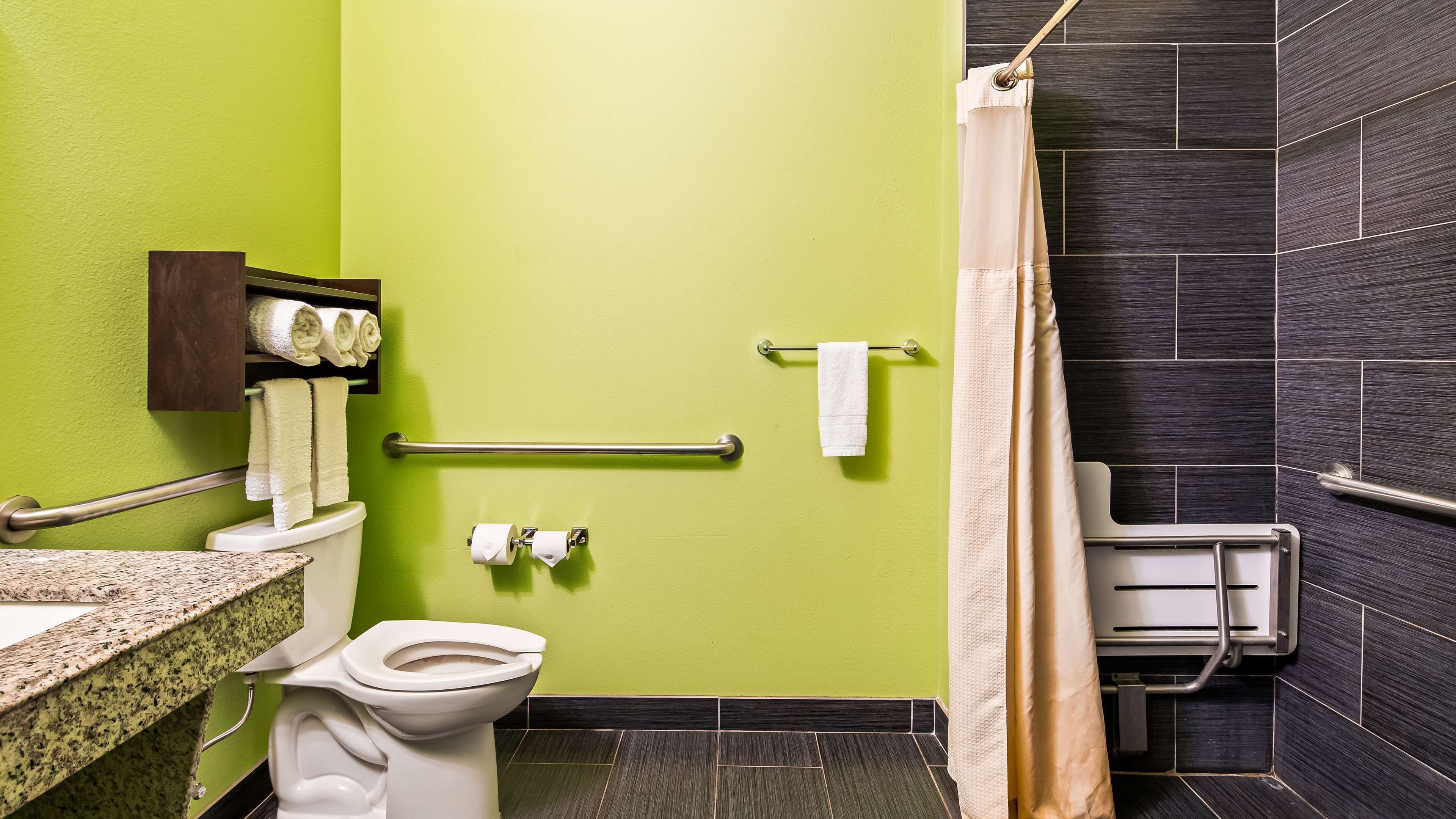 A bathroom with a green wall, a white toilet, a towel rack, a handrail, and a shower curtain.