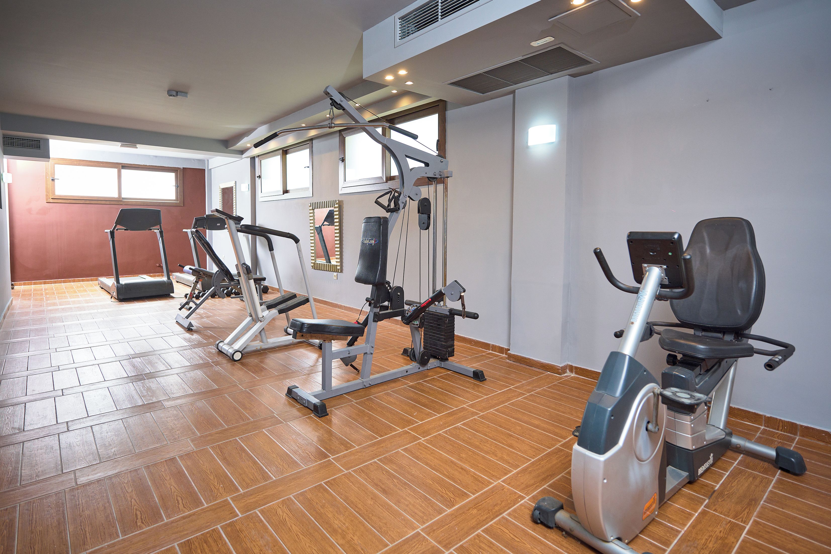 A gym with exercise equipment, a treadmill, and a stationary bike.