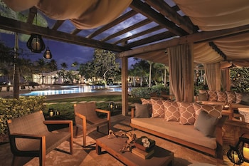 On the beach, beach cabanas, sun loungers, beach umbrellas at Dorado Beach, a Ritz-Carlton Reserve