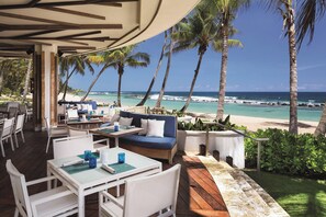 On the beach, beach cabanas, sun loungers, beach umbrellas