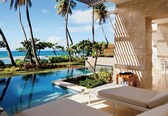 A poolside area with a view of the ocean, palm trees, and a lounge chair.