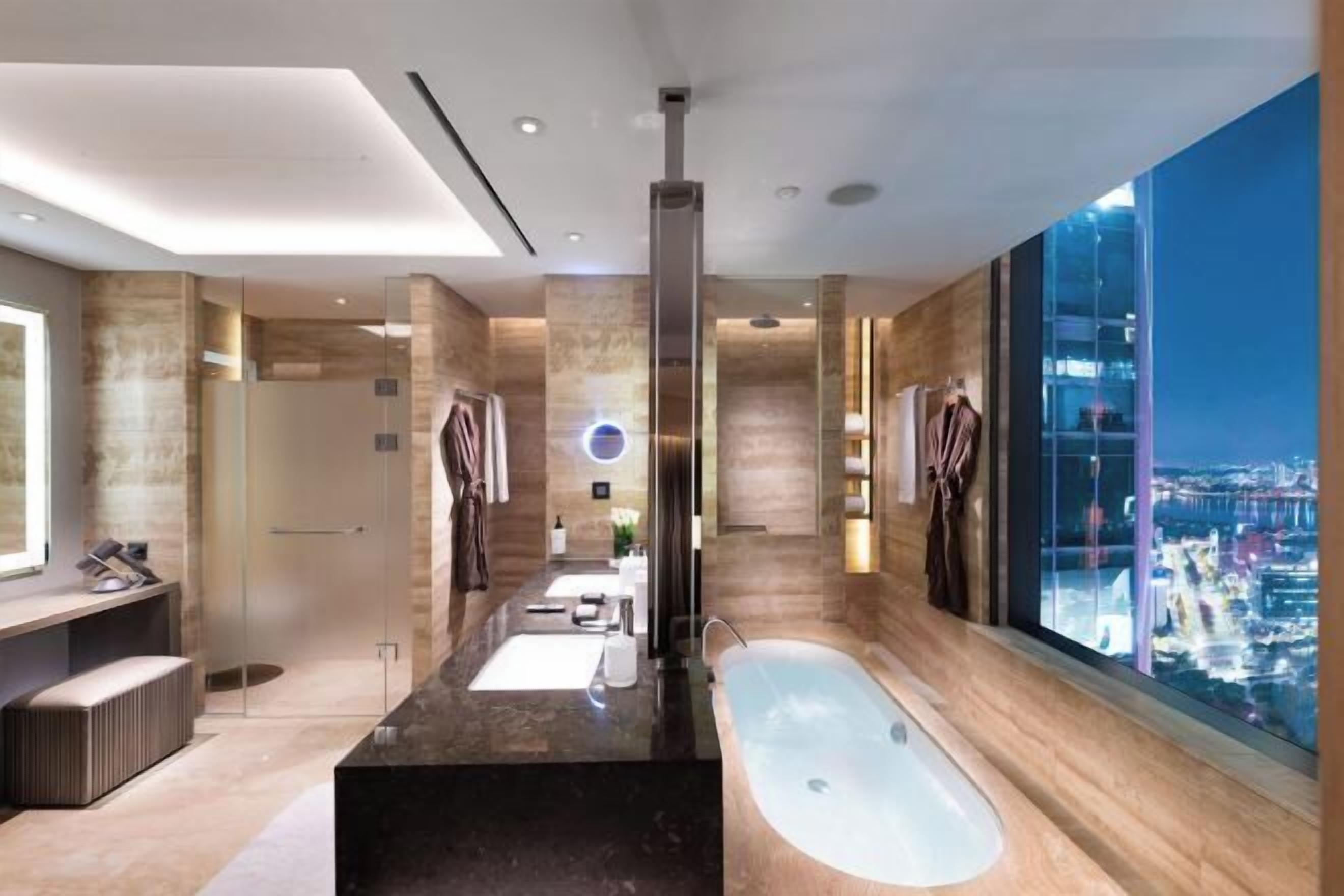 Separate bathtub and shower, deep-soaking bathtub, rainfall showerhead