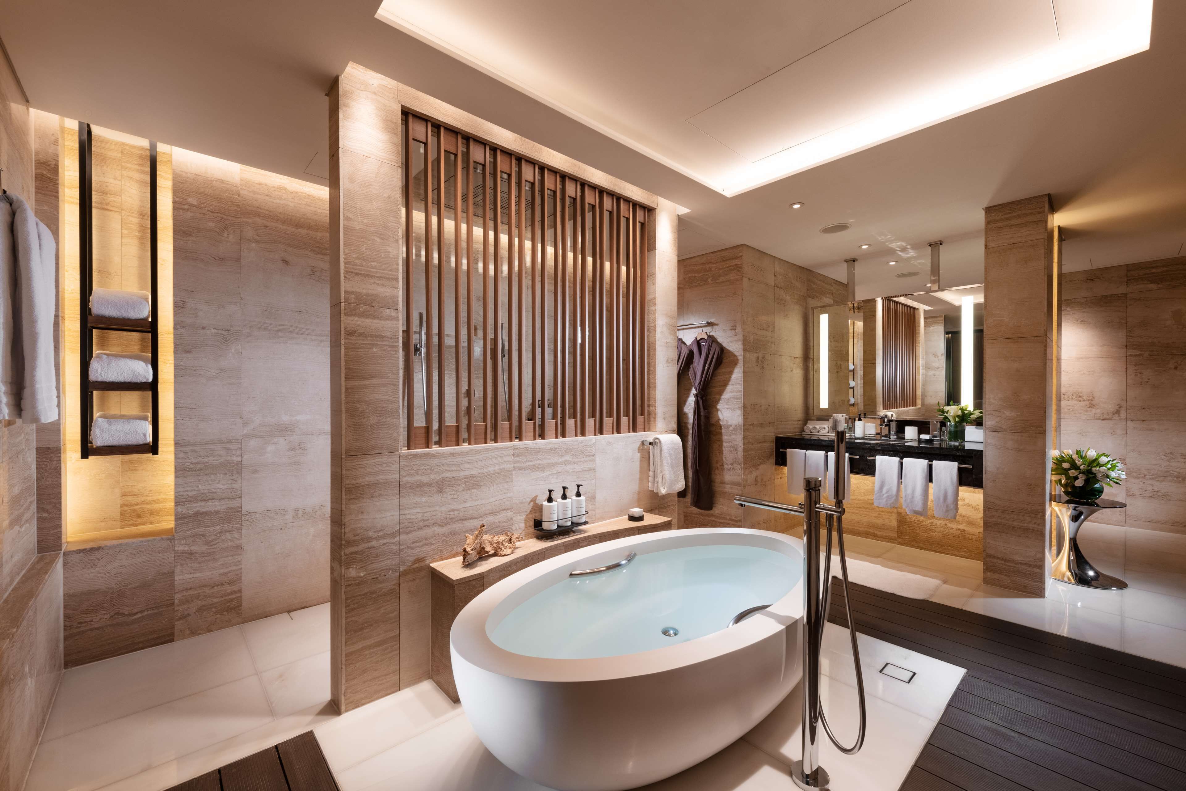 penthouse suite, 1 king bed | bathroom | separate bathtub and shower, deep-soaking bathtub, rainfall showerhead