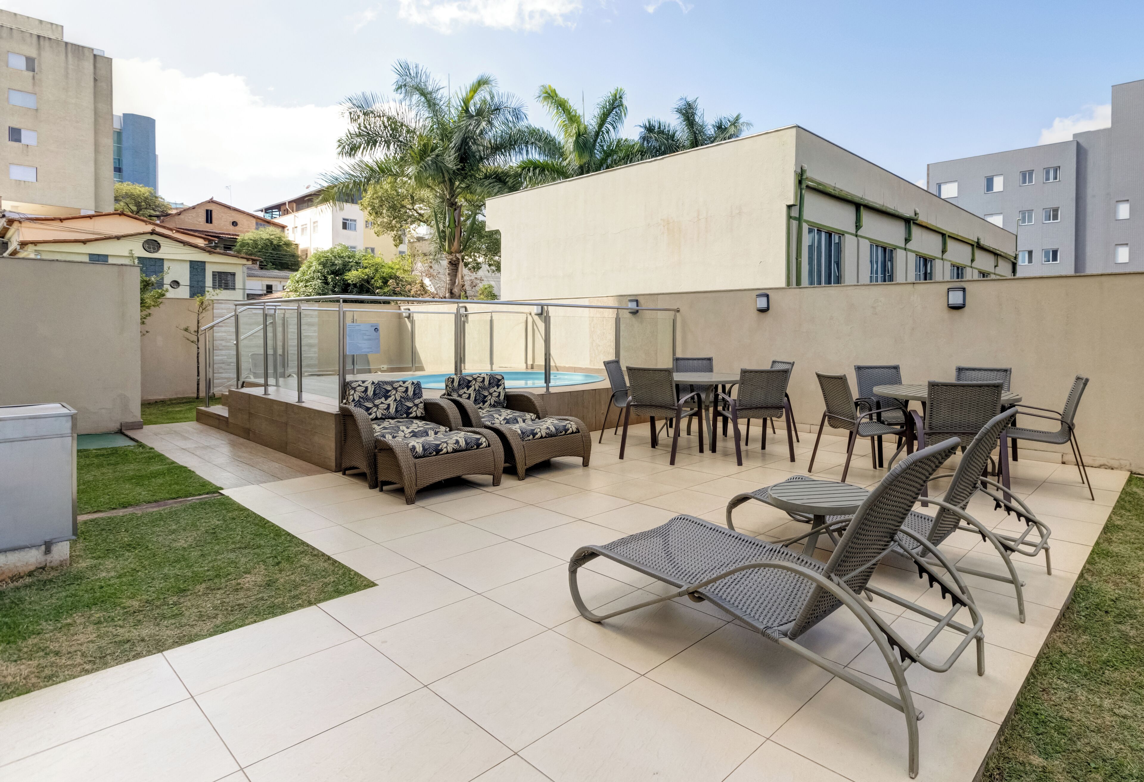 outdoor pool, pool umbrellas, pool loungers