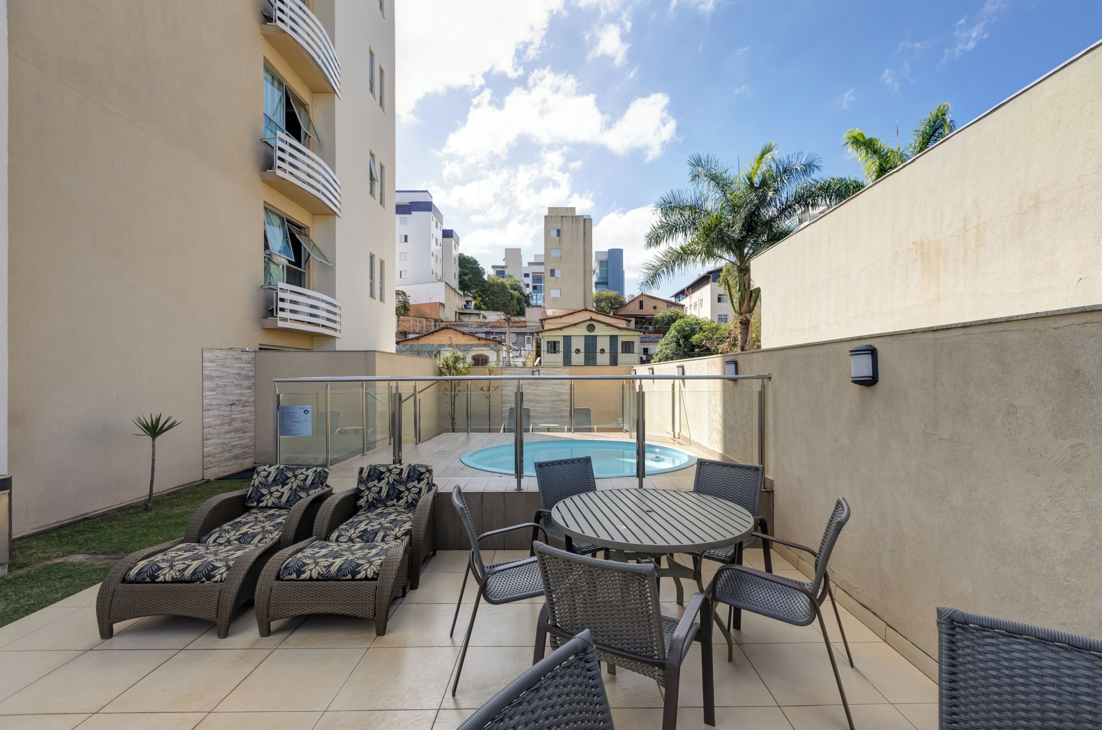 outdoor pool, pool umbrellas, pool loungers