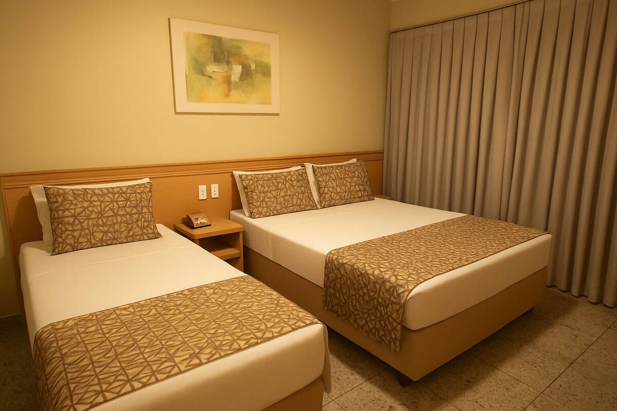Habitación de hotel con dos camas, una mesita de noche, un cuadro en la pared y una ventana con cortinas.