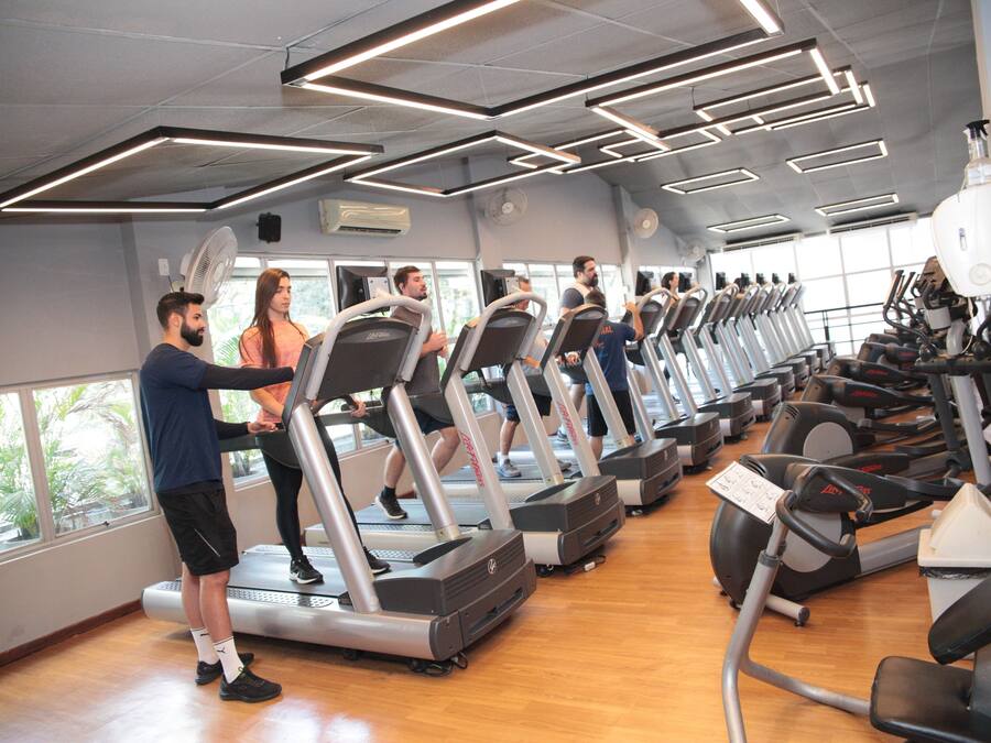 Un gimnasio con cintas de correr alineadas, ventanas amplias y piso de madera.