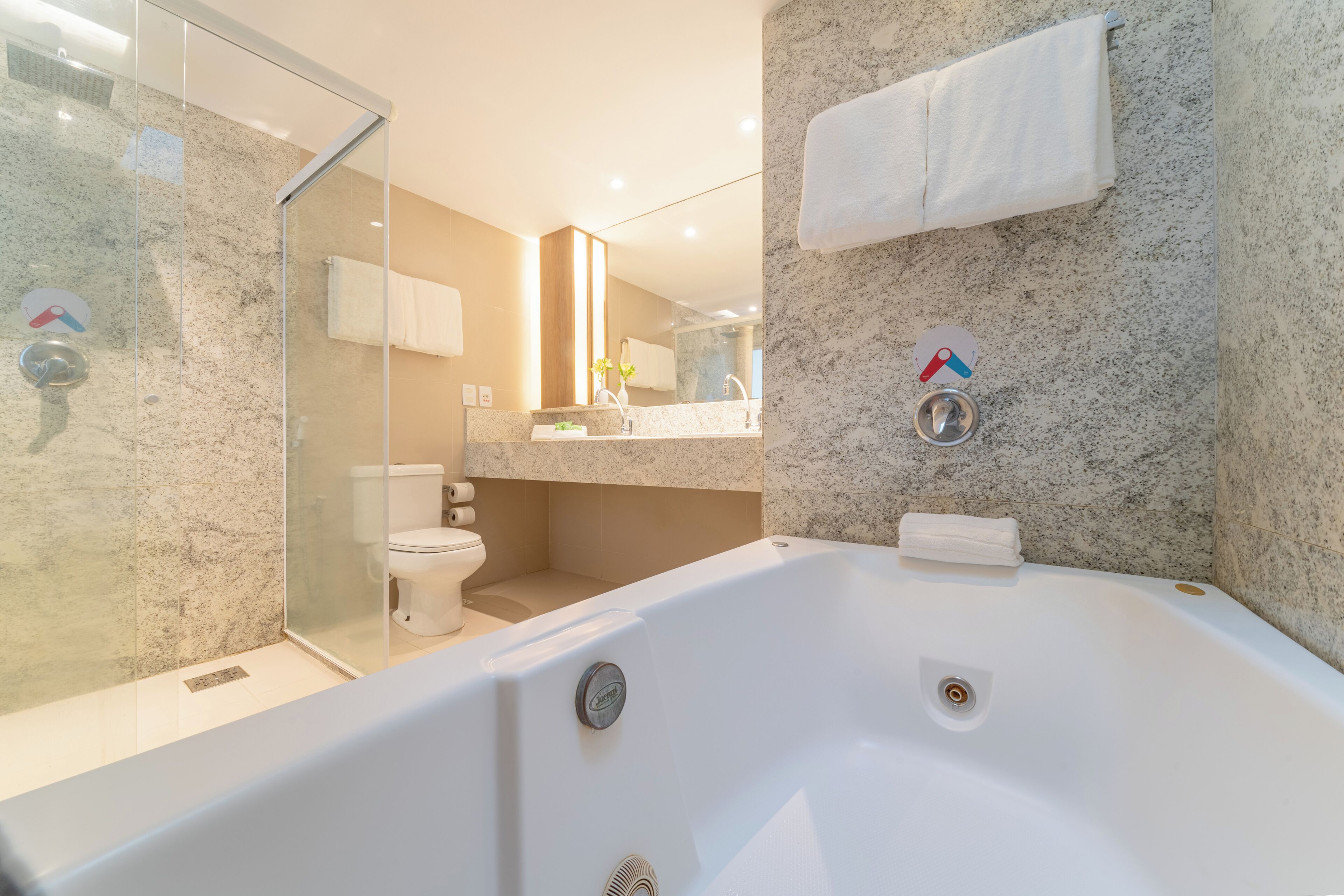 A modern bathroom with a glass shower enclosure, a white bathtub, and a toilet.
