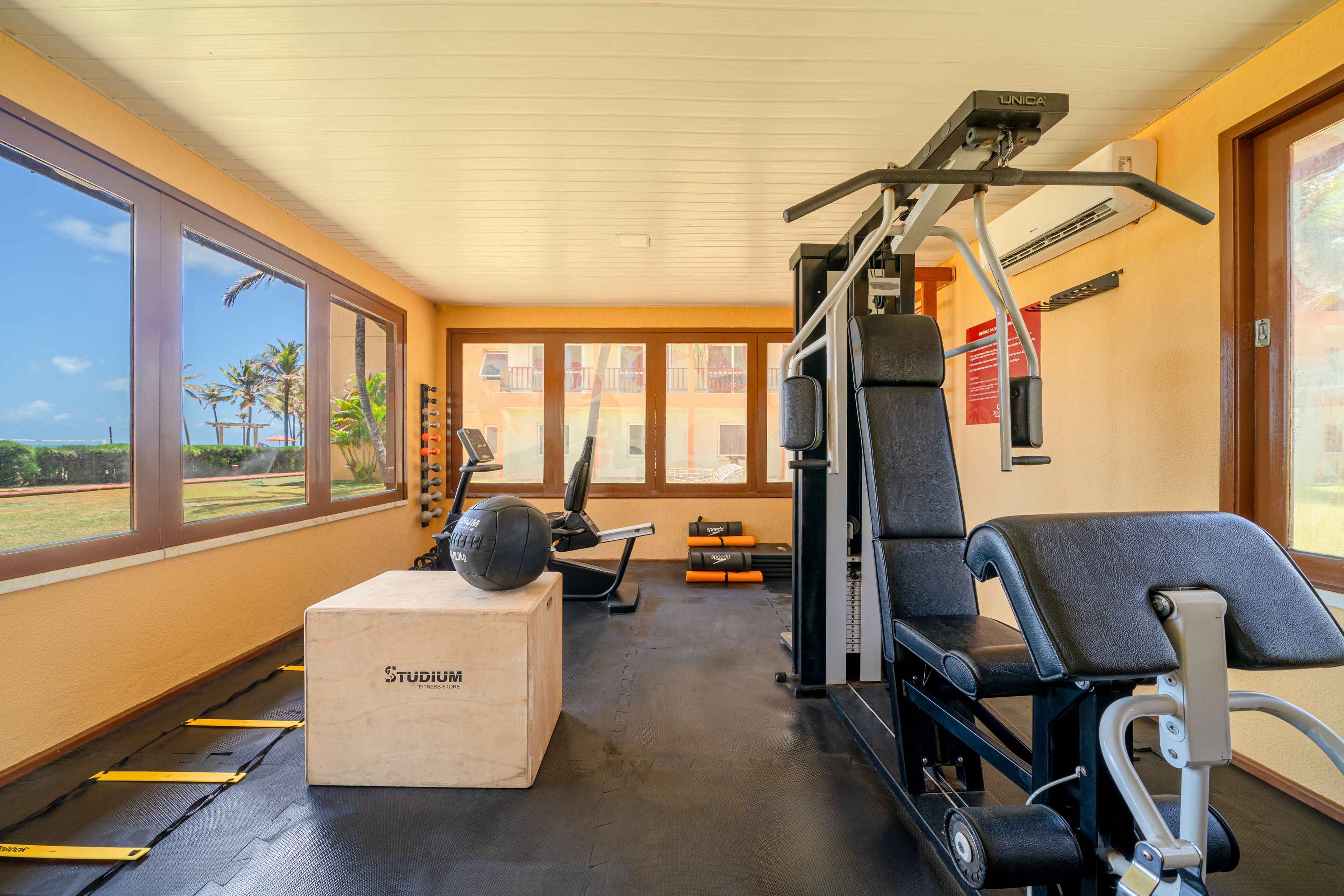 Een sportschool met trainingsapparatuur, een houten doos met de tekst 'STUDIUM FITNESS' en grote ramen met uitzicht op palmbomen.