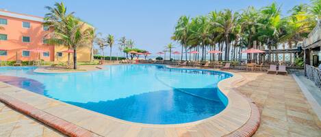 Outdoor pool, pool umbrellas, pool loungers