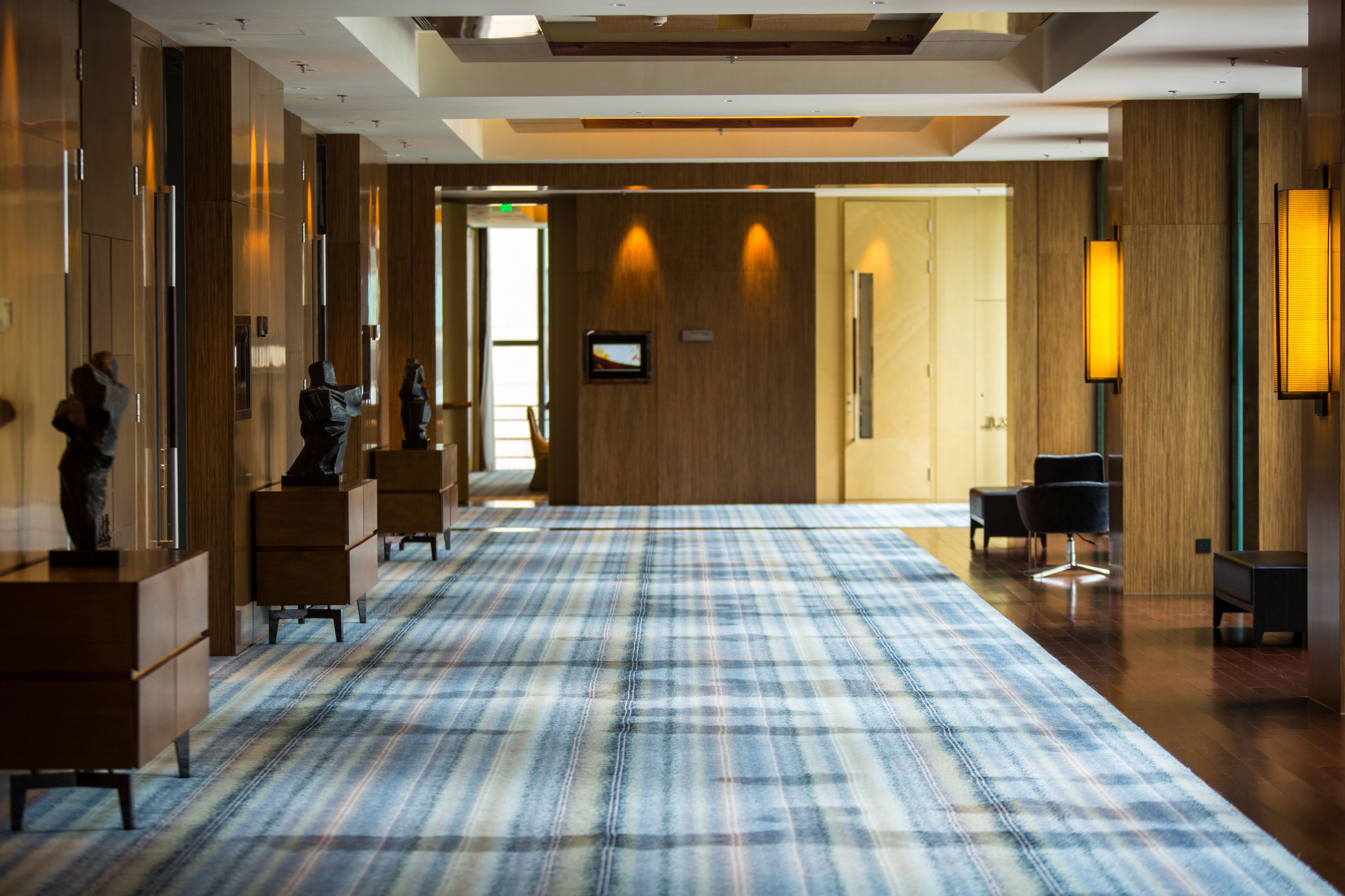 Un hall d’hôtel comprenant un comptoir d’enregistrement, un espace salon et un grand sol recouvert de moquette.
