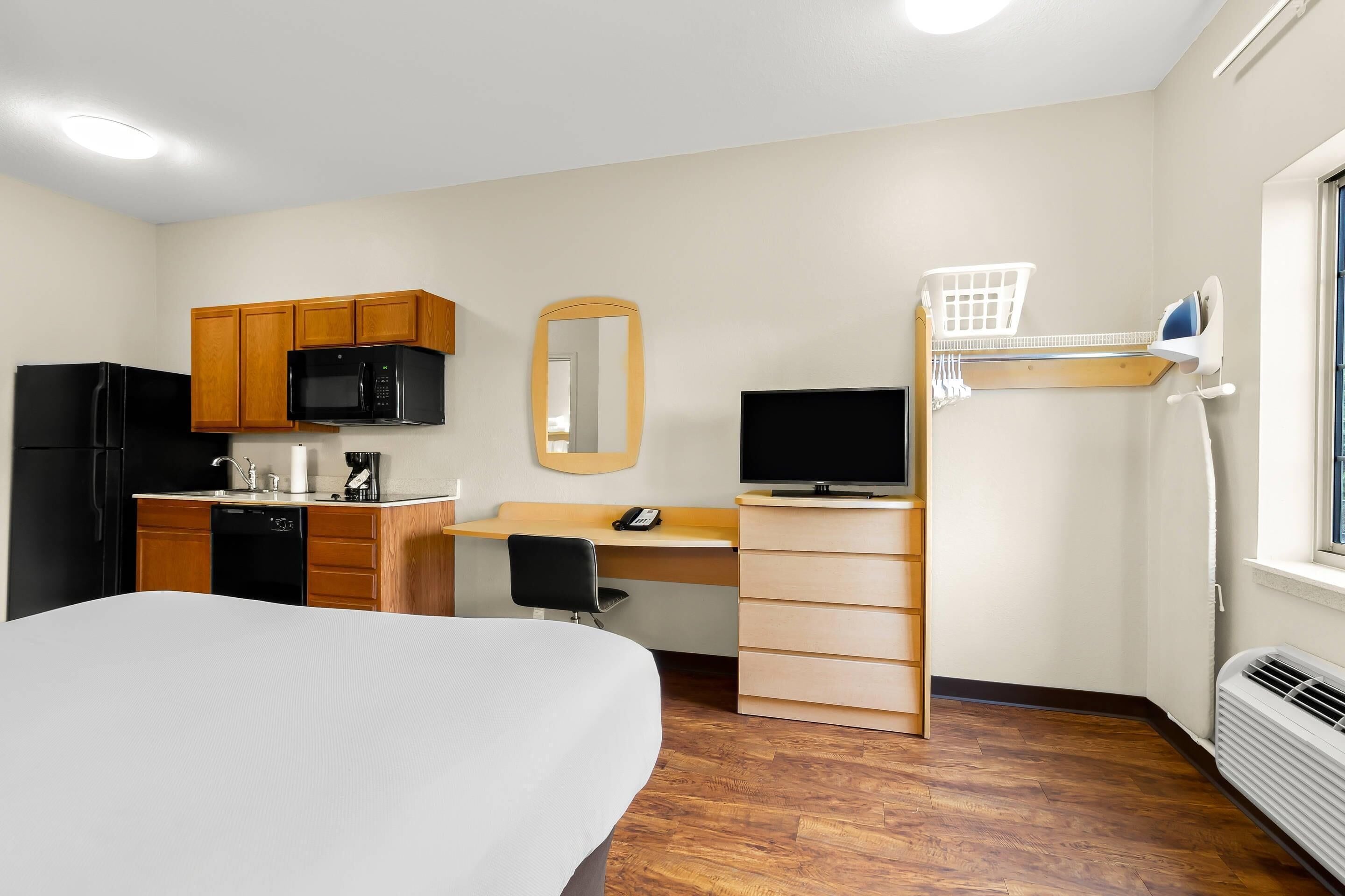 desk, blackout curtains, soundproofing, iron/ironing board