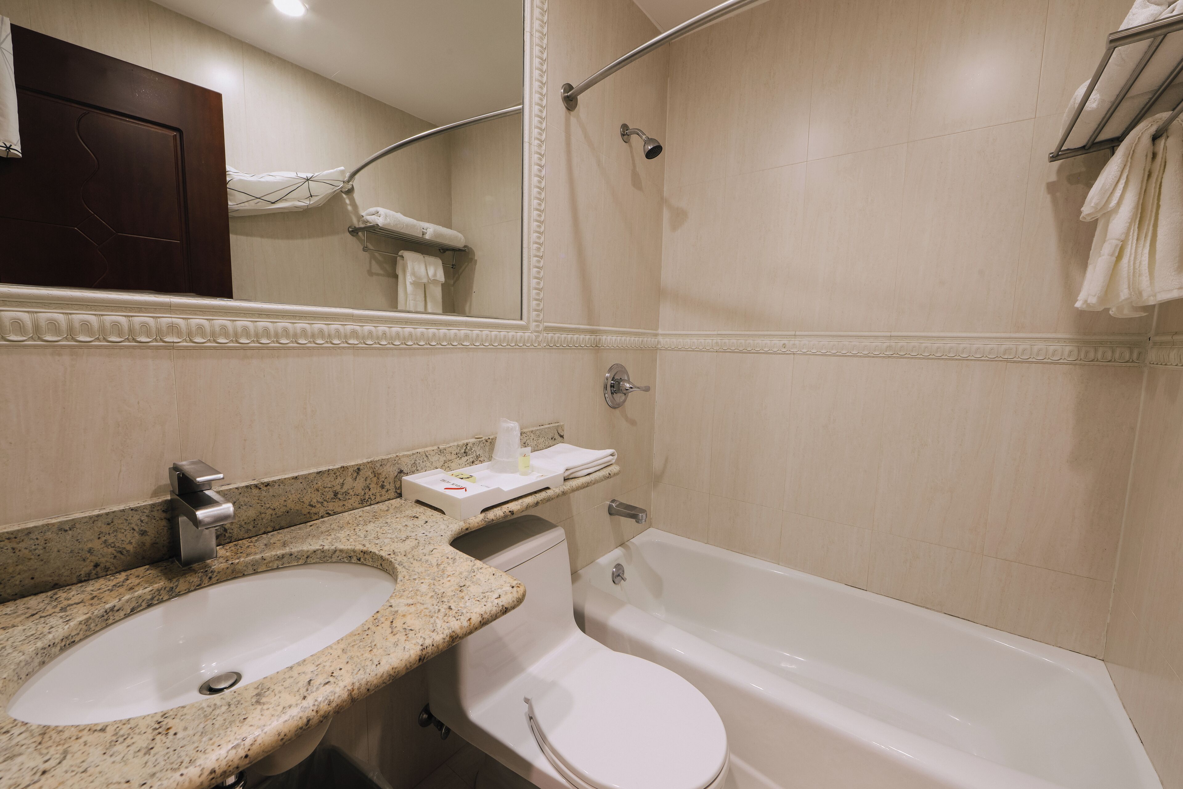 free toiletries, hair dryer, slippers, towels